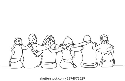 continuous line drawing a group of men and women hugging together to show their Friendship. the concept of friendship, emotional support, and happiness.
