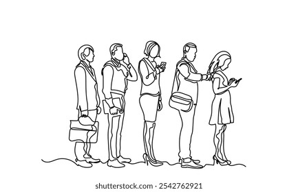 linha contínua desenho de um grupo de homens e mulheres em uma fila linha com seus smartphones mostra. Diversas pessoas ficam isoladas sobre um fundo branco.