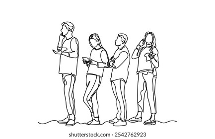 linha contínua desenho de um grupo de homens e mulheres em uma fila linha com seus smartphones mostra. Diversas pessoas ficam isoladas sobre um fundo branco.