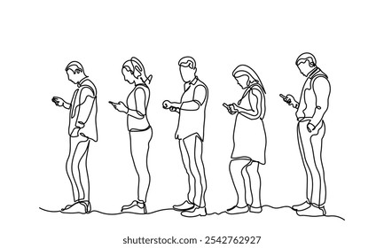 linha contínua desenho de um grupo de homens e mulheres em uma fila linha com seus smartphones mostra. Diversas pessoas ficam isoladas sobre um fundo branco.