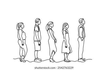 desenho de linha contínua de um grupo de homens e mulheres numa fila de espera. fila de uma linha de muitas pessoas à espera. Diversas pessoas ficam isoladas sobre um fundo branco.