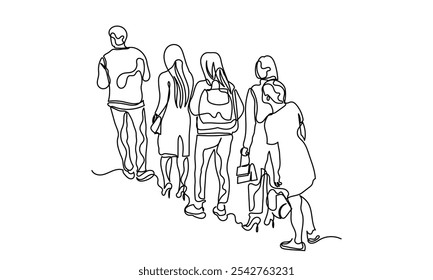 desenho de linha contínua de um grupo de homens e mulheres numa fila de espera. fila de uma linha de muitas pessoas à espera. Diversas pessoas ficam isoladas sobre um fundo branco.