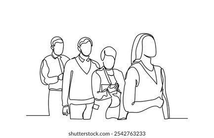 desenho de linha contínua de um grupo de homens e mulheres numa fila de espera. fila de uma linha de muitas pessoas à espera. Diversas pessoas ficam isoladas sobre um fundo branco.