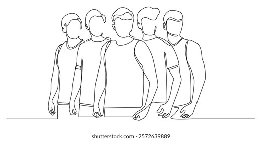 continuous line drawing of a group of men with athletic bodies.one line drawing of a portrait of a group of well-built standing men.single line vector illustration.isolated on a white background