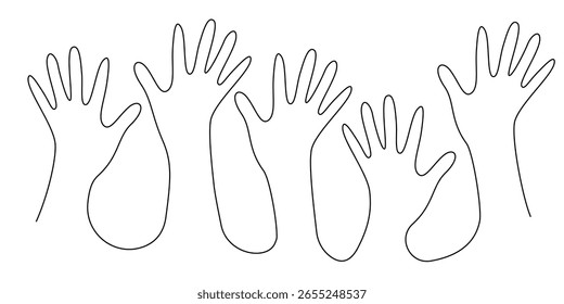 desenho de linha contínua de um grupo de palmas abertas.um vetor de linha da mão de uma pessoa abrir para cima.ilustração de vetor de arte de linha
