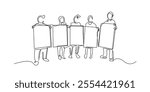 continuous line drawing of group of people holding a demonstration carrying banners. one line drawing of a group of people carrying a banner with the words demands.single line vector illustration