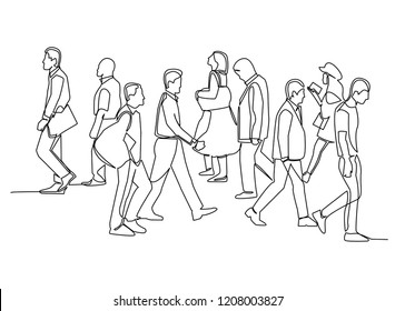 Continuous Line Drawing Of Group Of People Walking Marker Sketch