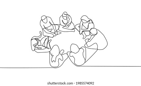 Kontinuierliche Zeichnungsgruppe von Personen, die sitzen, stehen, treffen und unterstützen.