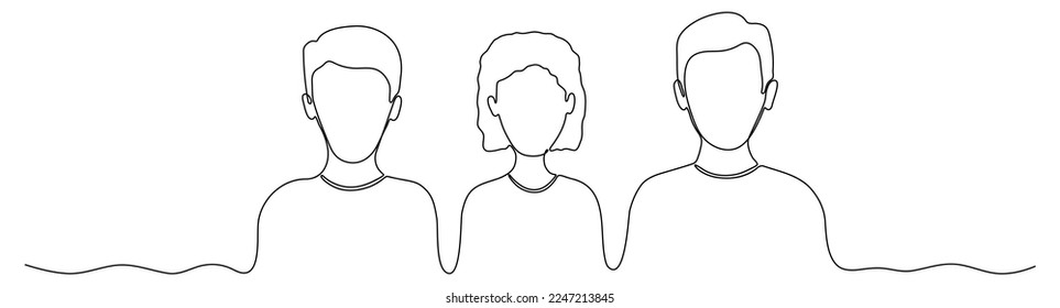 Grupo continuo de personas dibujando líneas. Dos hombres y una mujer con estilo de arte en línea. Contorno de equipo de negocios dibujado. Ilustración vectorial aislada en blanco.