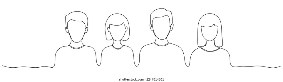 Continuous line drawing group of people. Men and women in line art style. Business team contour drawn. Vector illustration isolated on white.