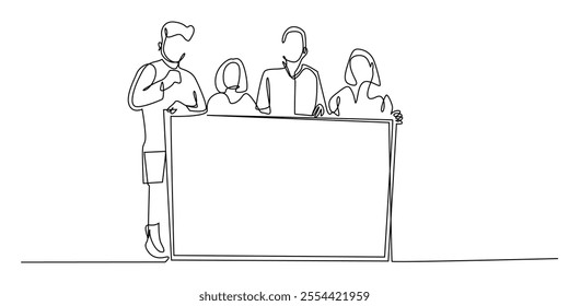 continuous line drawing of group of people holding a demonstration carrying banners.one line drawing of a group of people carrying a banner with the words demands.single line vector illustration
