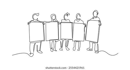 continuous line drawing of group of people holding a demonstration carrying banners. one line drawing of a group of people carrying a banner with the words demands.single line vector illustration