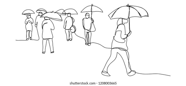 continuous line drawing group The rainy season holding umbrella people walking marker sketch 