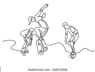 continuous line drawing of group of skaters