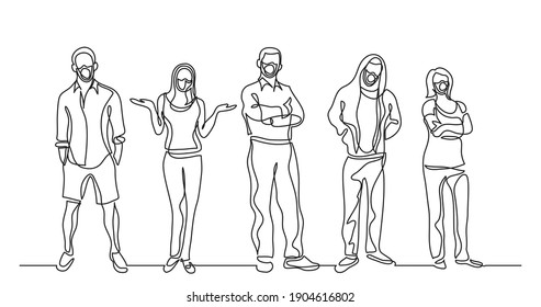 Continuous Line Drawing Of Group Of Standing People Wearing Face Masks