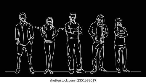 continuous line drawing of group of standing people wearing face masks