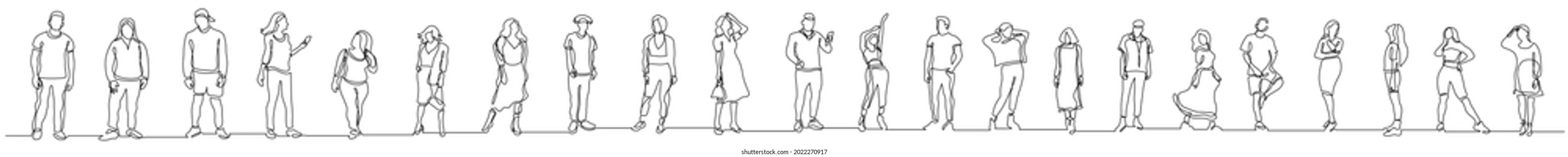 continuous line drawing of group of various positive diverse people standing in a row