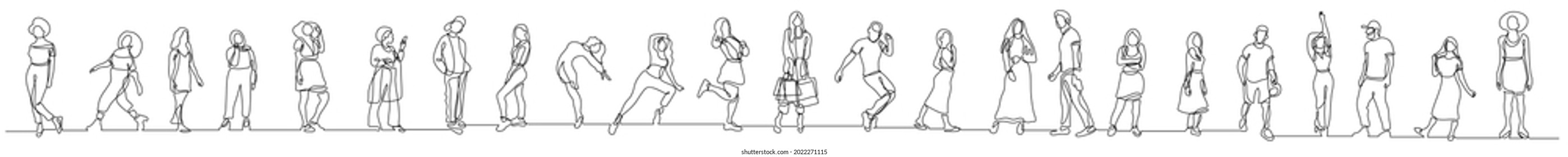 continuous line drawing of group of various positive diverse people standing in a row