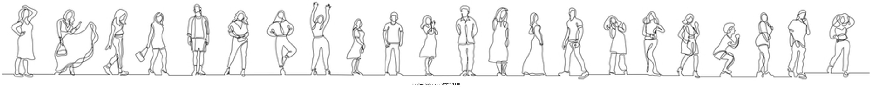 continuous line drawing of group of various positive diverse people standing in a row