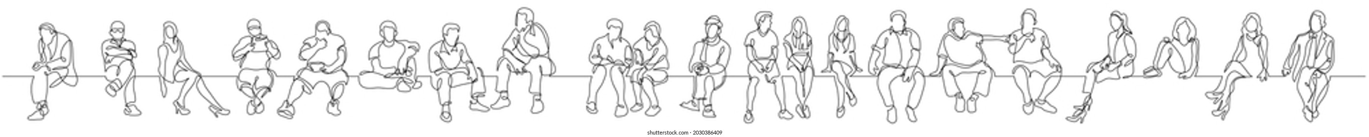 continuous line drawing of group of various diverse people sitting thinking