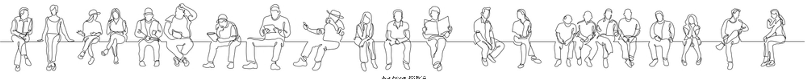 continuous line drawing of group of various diverse people sitting talking