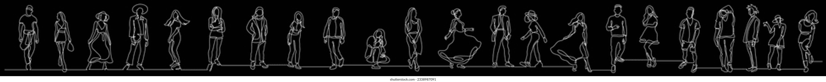 continuous line drawing of group of various positive diverse people standing in a row