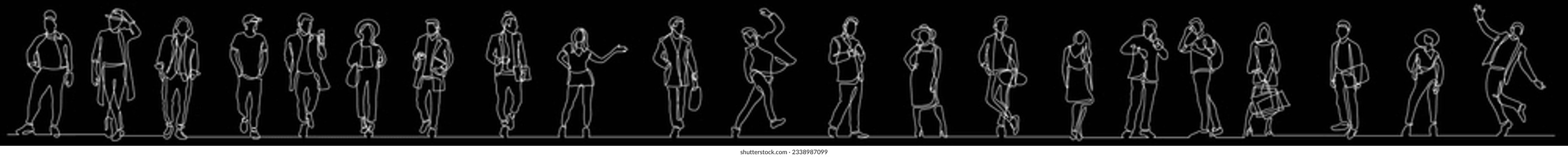 continuous line drawing of group of various positive diverse people standing in a row