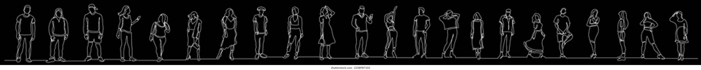 continuous line drawing of group of various positive diverse people standing in a row