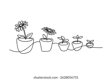 Dibujo de línea continua de flores y plantas en crecimiento que representan etapas de crecimiento