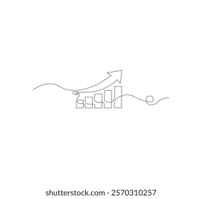 Continuous line drawing of a growing graph, white background, depicts success and growth in business.