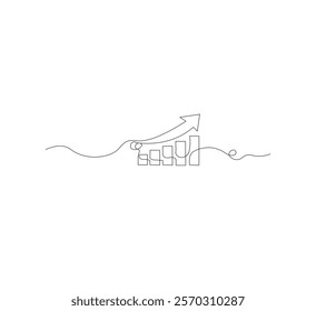 Continuous line drawing of a growing graph, white background, depicts success and growth in business.