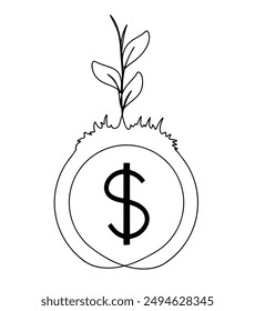 Dibujo de línea continua de árbol de dinero en crecimiento aislado sobre fondo transparente. Ilustración vectorial