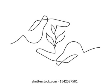 Continuous line drawing of growing plant between two  human hands meaning care and love. Vector illustration
