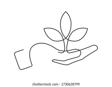 Continuous line drawing of growing plant in hand on white background. Vector illustration