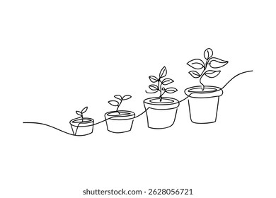 Desenho em linha contínua de plantas em crescimento em vasos que ilustram o crescimento e o desenvolvimento