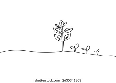 Continuous line drawing of growing plants depicting life cycle stages and growth