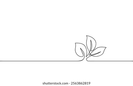 Continuous line drawing of growing sprout, Plant leaves grow seedling eco natural farm concept design. Minimalist contour vector illustration made of single thin line black and white