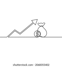 Continuous Line Drawing Of Up Growth Arrow, Money Bag With Coin Dollar Business Finance, Income Dollar Bill, Object One Line, Single Line Art, Vector Illustration