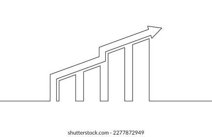 Continuous line drawing of growth arrow. Graph icon business. Arrow up. Bar chart. Outline, 3d, object one line, single line art, vector illustration