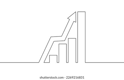 Dibujo continuo de la gráfica de crecimiento. Aumentando la flecha hacia arriba. Icono de grafo. Esquema del gráfico de barras. Objeto de una línea, arte de una sola línea, ilustración vectorial