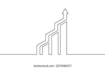 Continuous line drawing of growth graph. Arrow up. Icon 3d. Business growth. Bar chart outline. Object one line, single line art, vector illustration