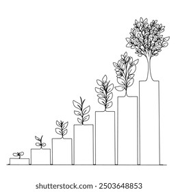 Continuous line drawing of growth graph with tree isolated on transparent background. Illustration vector of bar chart icon.