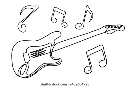Continuous line drawing guitar and note on white background. Vector Ilustration