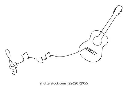 Continuous line drawing of guitar with notes. One line drawing acoustic guitar. Musical instrument for decoration, design, banners, invitation jazz festival, music shop. Vector illustration