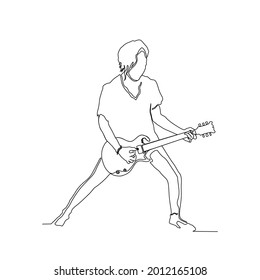 Continuous Line Drawing Of Guitarist Playing Electric Guitar. Guitarist Gesture Line Art With Editable Stroke. 