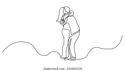 continuous line drawing of guy and girl couple hugging each other
