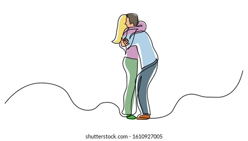 continuous line drawing of guy and girl couple hugging each other