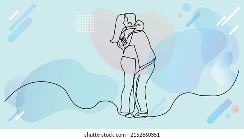 continuous line drawing of guy and girl couple hugging each other