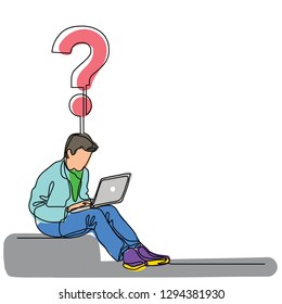 continuous line drawing of a guy sitting with laptop computer with a question