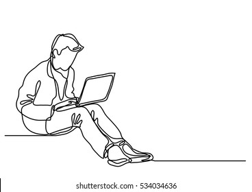 continuous line drawing of a guy sitting with laptop computer